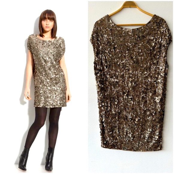 $480 Vince Bronze Sequin Holiday Cap Sleeve Shift Tunic Dress XS - Picture 1 of 13